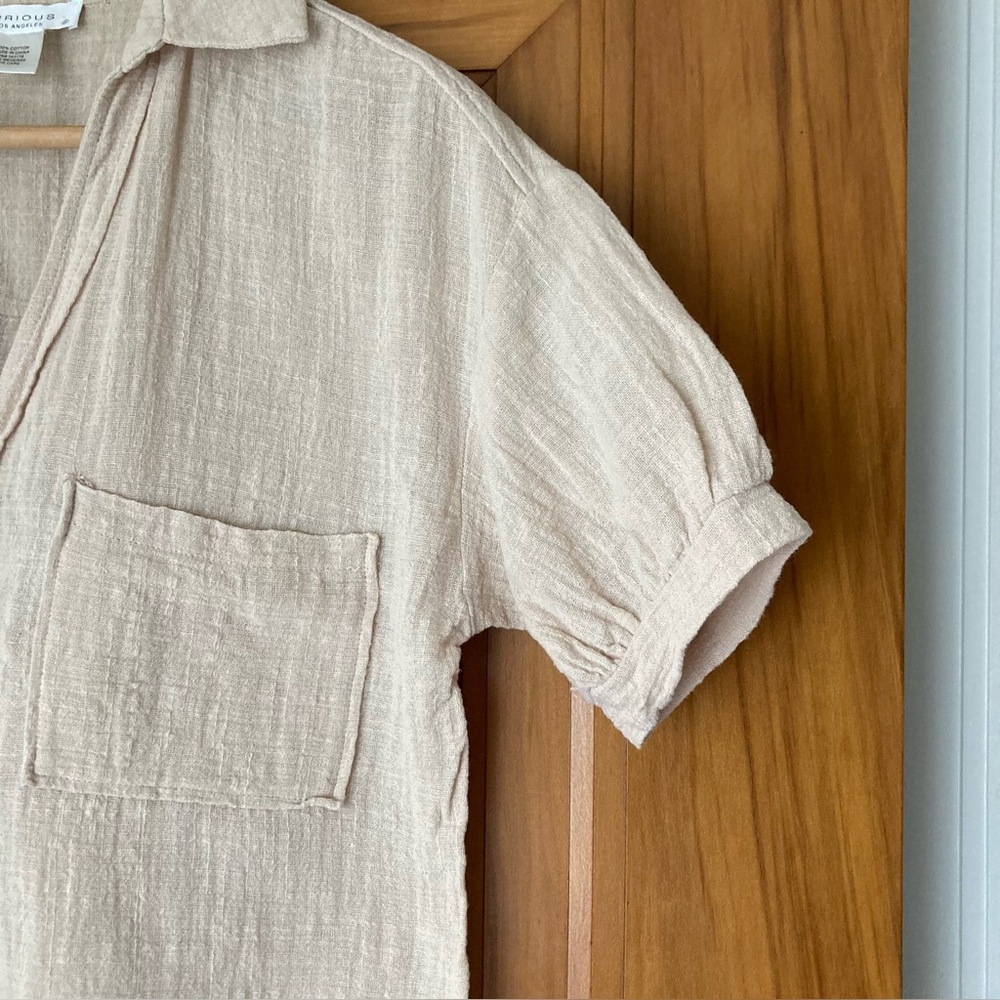 KIRIOUS Los Angeles / Neutral Beige Cotton puff sleeve button down top - Picture 4 of 11